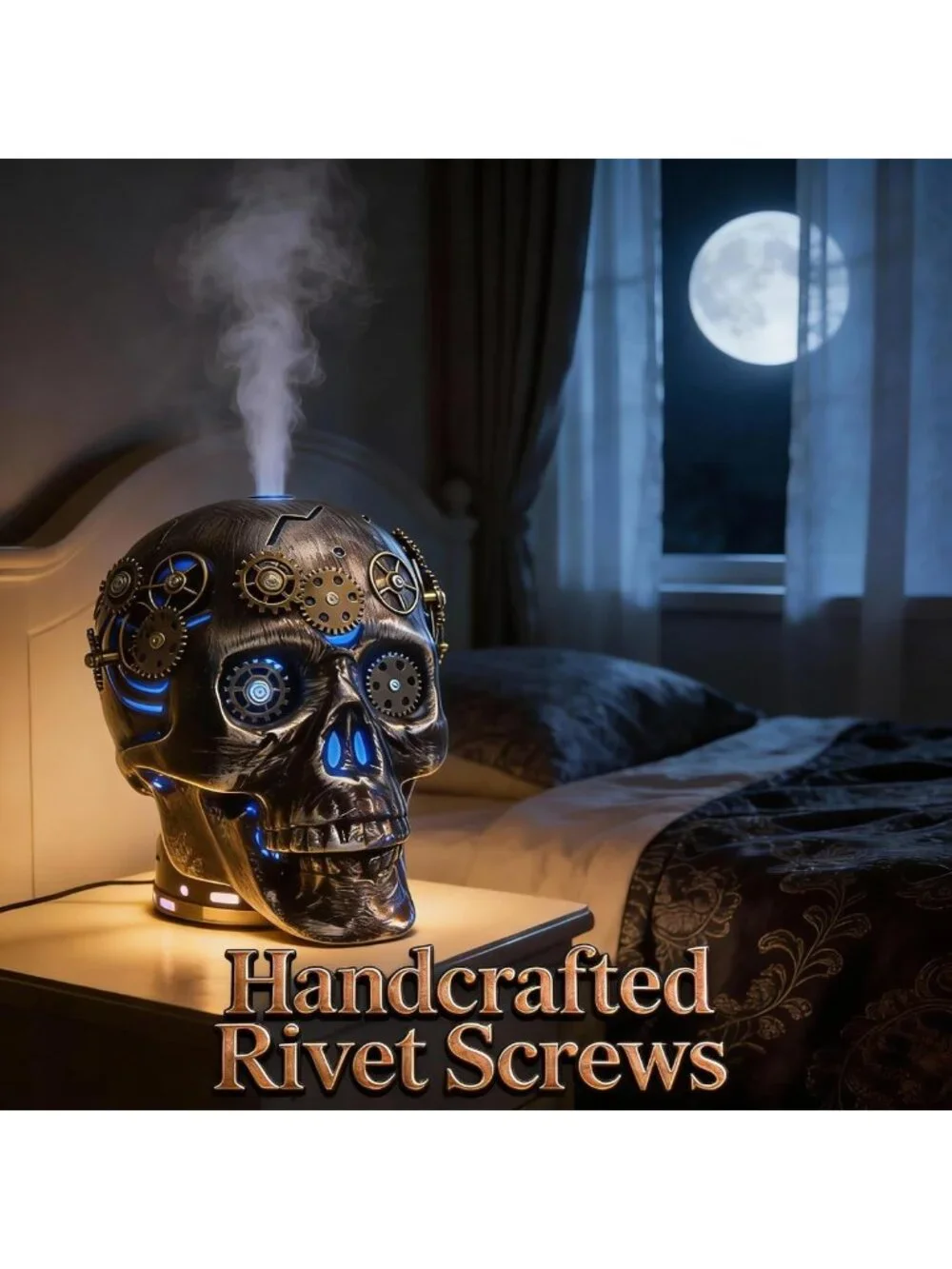 Dark Gothic Steampunk Skull Essential Oil Diffuser - Halloween Decor, 7 LED